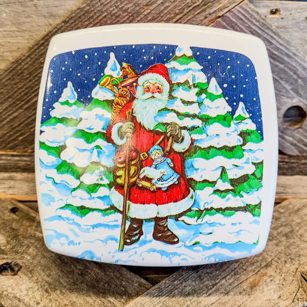 Vintage Plastic Santa Box Hardshell Container, Christmas Decor, 3.75”H x 7”W